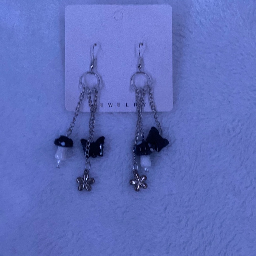 Cute mushroom, butterfly, and flower earrings